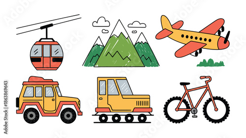 Travel Essentials: Iconic Illustrations of Transport: A collection of transport illustrations, including an airplane, car, cable car, bicycle, and mountain, ideal for travel-themed design projects.
