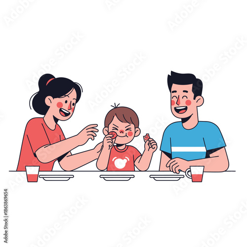 Happy family eating together at a table, parents feeding child, illustration, bonding, mealtime joy