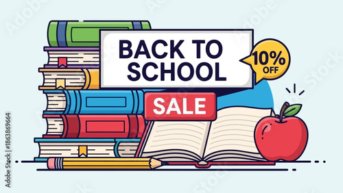 Back to School Sale Banner Featuring Books, Apple, and Supplies for Students and Learning Focus.