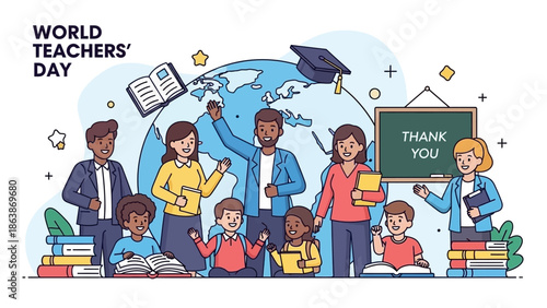 Colorful World Teachers' Day celebration with students and educators expressing gratitude.