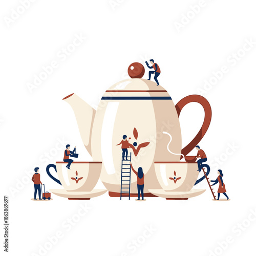 Tiny People Decorating a Giant Teapot and Cups - Teamwork Concept