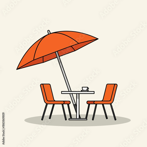 Outdoor cafe table with umbrella and chairs, minimalist illustration