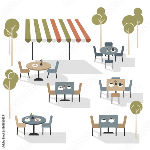 Outdoor cafe scene with tables, chairs, umbrellas, and trees in flat design style.