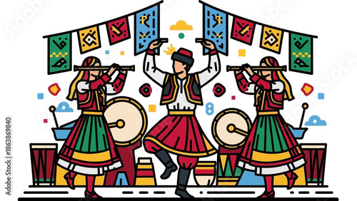 Traditional dance performance with colorful costumes and drums at a festive cultural celebration.