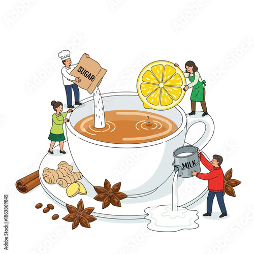 Tiny people preparing a giant cup of tea with lemon, ginger, and milk. Concept of teamwork.