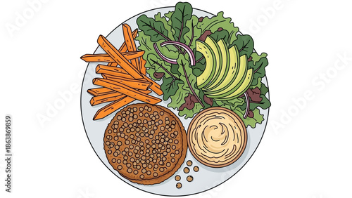 Assorted Middle Eastern Plate with Falafel, Hummus and Fresh Vegetables.