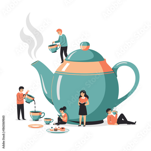 Tiny People Enjoying Tea Time Around Giant Teapot with Pastries