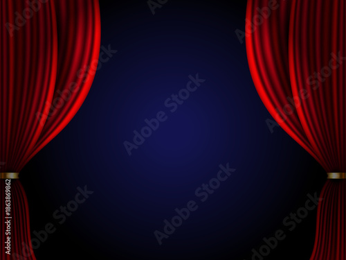 Realistic red velvet open theatre curtains vector illustration dramatic stage background for cinema opera performance event presentation and creative decoration
