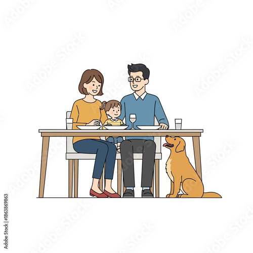 Happy family and golden retriever dog enjoying meal at table, illustration