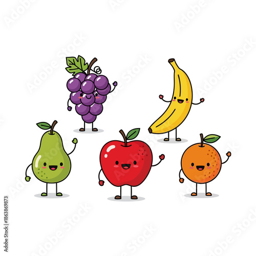 Cute kawaii cartoon fruits waving hello, apple, pear, banana, grapes, orange, happy characters