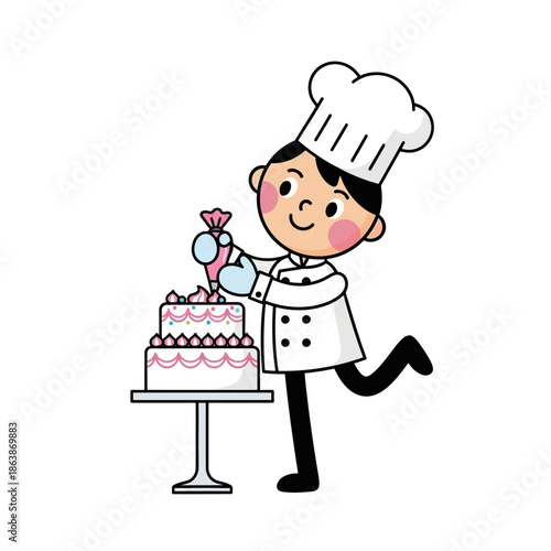 Happy chef decorating cake with frosting bag, cartoon illustration