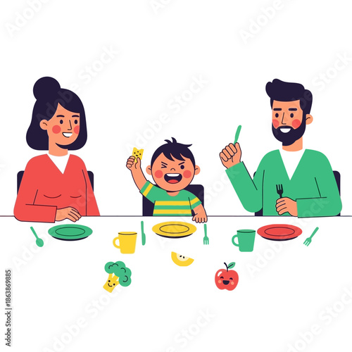 Happy Family Mealtime: Parents and Child Enjoying Food at Dining Table