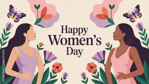 Two diverse women looking inward, surrounded by vibrant flowers and butterflies, celebrating Happy Womens Day