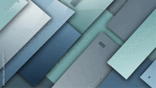 An abstract geometric background showcases a complex arrangement of overlapping shapes in various cool shades of blue and green.