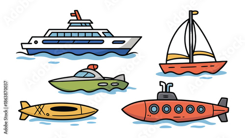 Marine Craft Collection: A vibrant assemblage of nautical vessels, including a passenger ship, sailboat, motorboat, submarine, and a kayak, sailing on the boundless sea.