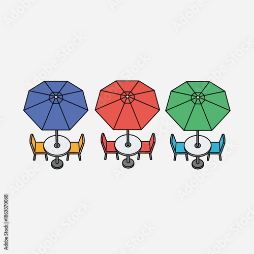 Outdoor cafe seating arrangement with colorful umbrellas and tables