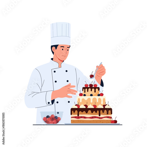 Pastry Chef Decorating Multi-Tiered Cake with Cherries and Berries