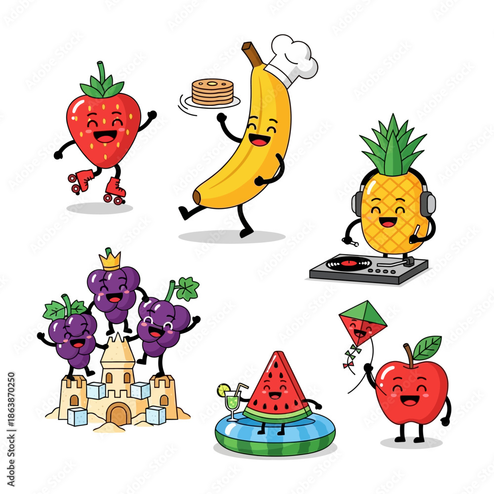 Fototapeta premium Cute Kawaii Fruits Characters Set: Skating Strawberry, Chef Banana, DJ Pineapple, Beach Grapes, Pool Watermelon, Kite Apple