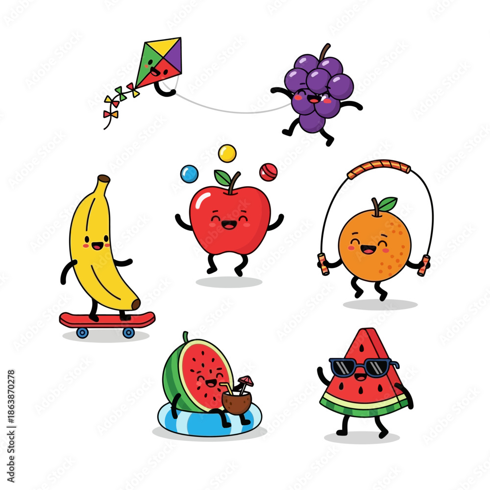 Fototapeta premium Cute Fruits Characters Having Fun: Summer Activities, Sports, and Relaxation