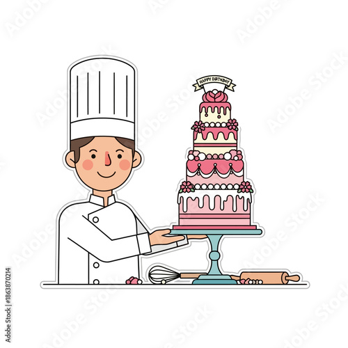 Happy Birthday Chef Presenting Multi-Tiered Celebration Cake