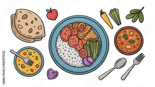 A Colorful Culinary Canvas: An overhead view showcases a vibrant array of culinary delights, artfully arranged on a table. The composition exudes a sense of abundance and gastronomic pleasure.