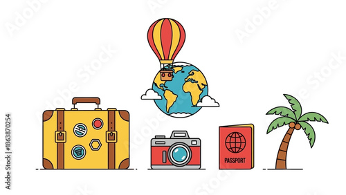 Vibrant travel themed still life featuring suitcase, camera, globe, passport, map, island elements and tropical accents in a sunny scene.
