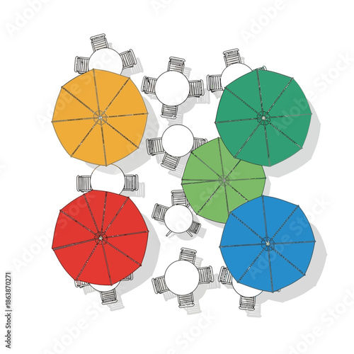 Top view of outdoor cafe tables with colorful umbrellas, chairs, and shadows on white background