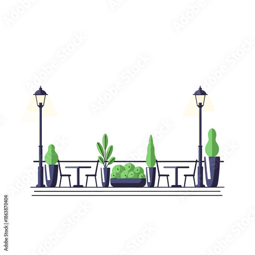 Cozy outdoor cafe terrace with street lamps and potted plants, flat illustration style.