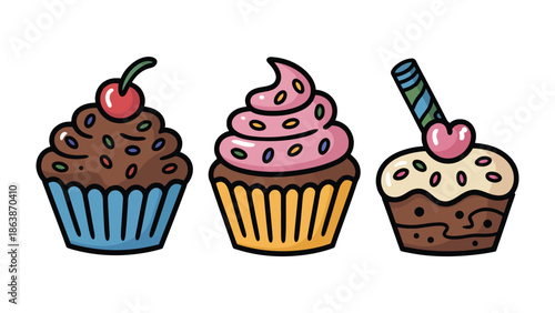 Delicious Trio: Three cupcakes with a rich assortment of toppings. A visual feast for those with a sweet tooth.