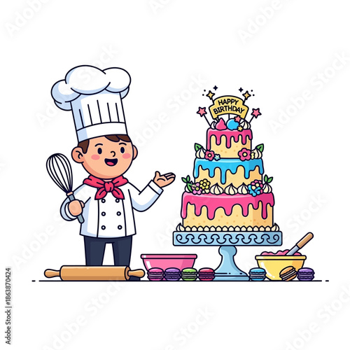 Happy Birthday Cake & Chef Illustration