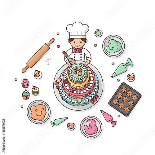 Baker Decorating Multi-Tiered Cake with Pastries and Cookies, Baking Supplies