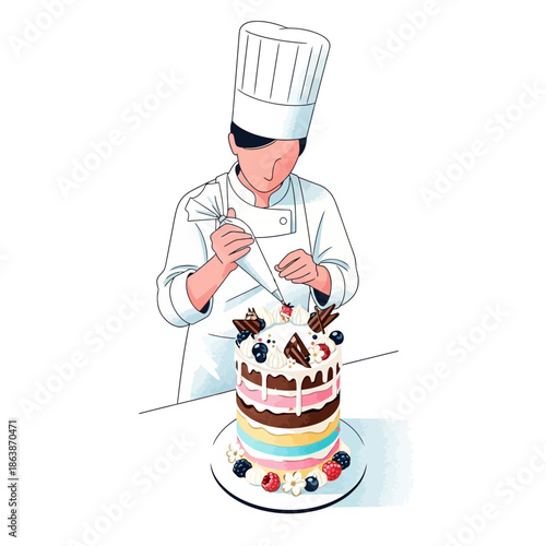 Chef decorating colorful layered cake with piping bag, close-up