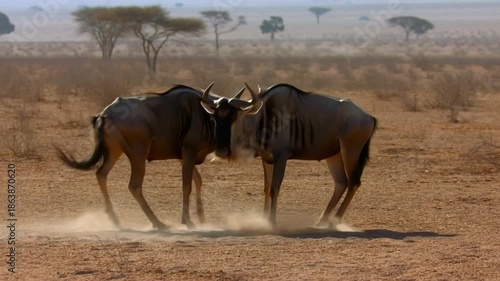 Two wildebeest locked in a tense battle, amidst the vast African savannah Stock Video