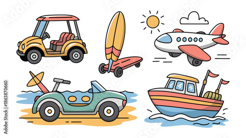 Vehicular Dreams: A collection of various vehicles and transportation elements, including an airplane, golf cart, boat, land yacht, and a unique amphibious car.