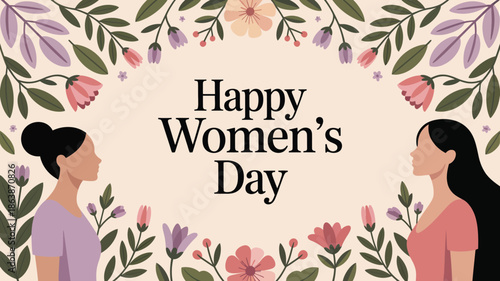Two stylized women silhouettes face each other, surrounded by a delicate floral frame celebrating Womens Day