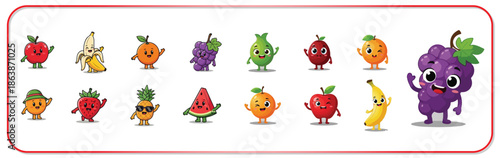 Colorful cartoon fruits with smiling faces and arms