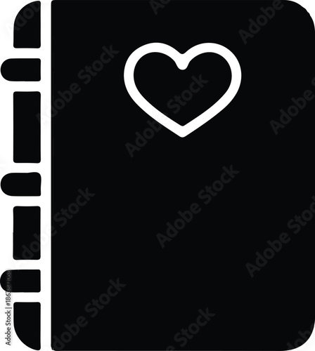 Love Journal Notebook App Icon, Minimal black notebook icon with heart symbol, representing love journaling, personal notes, diary apps, and romantic lifestyle organization concepts.

