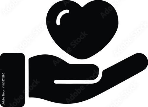 Hand Holding Heart Care Icon, Black hand holding heart icon representing care, support, love, charity, and compassion in a clean, minimal graphic symbol.

