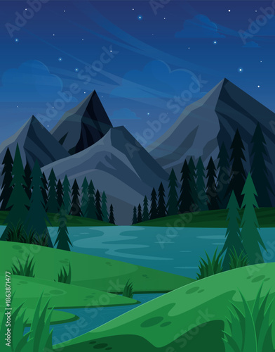 Night mountain landscape with river and pine forest