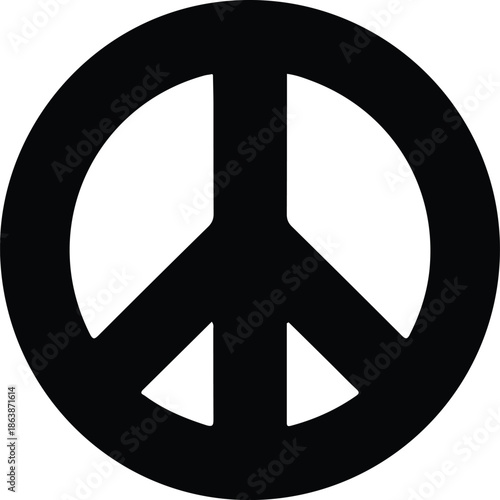 Peace symbol silhouette minimalist icon, Black peace symbol silhouette on white background, representing harmony, anti war movement, freedom, unity, and global peace concept.

