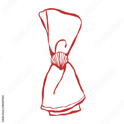 Hand-drawn napkin with a shell in a retro vintage style. Illustration in a flirty doodle style. Wedding in a nautical Italian style. Vector outline illustration