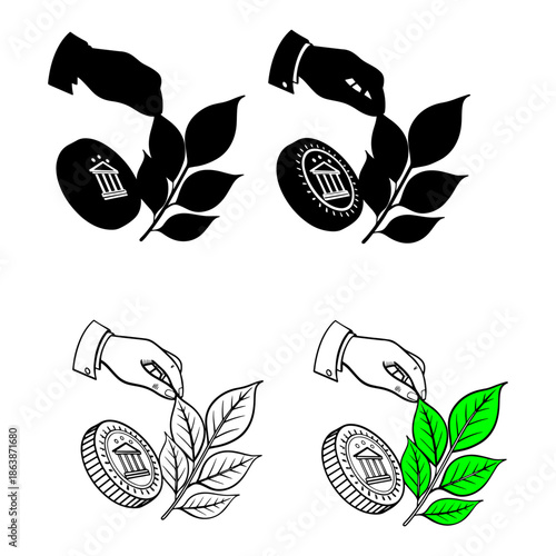 banking, hand , plant and banking coin silhouette pack
