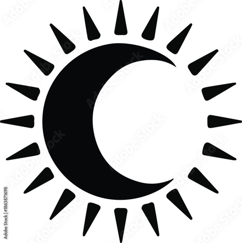 Sun and crescent moon icon, Black sun and crescent moon symbol illustrating balance of day and night, eclipse themes, astrology, spirituality, and cosmic harmony.

