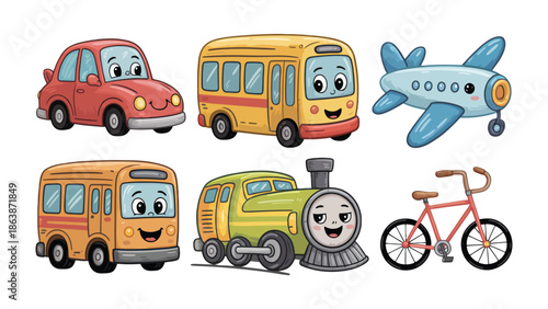 Cheerful Transport Collection: A colorful collection of vehicles, including a car, bus, plane, train, and bicycle, each animated with friendly expressions.