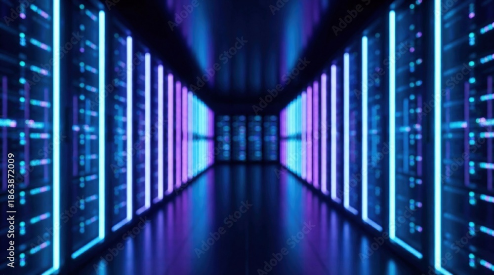 Fototapeta premium Abstract data server room with rows of illuminated server racks, neon blue and purple lights, high-tech environment