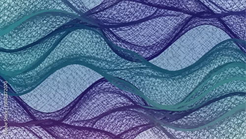 An abstract background features intricate wavy mesh lines in a blue and purple gradient pattern.