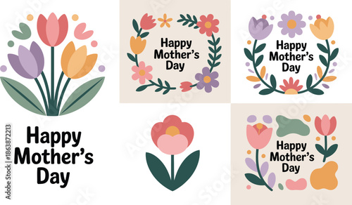 Vibrant Happy Mothers Day designs with colorful stylized flowers, leaves, and cheerful greetings in a modern flat style