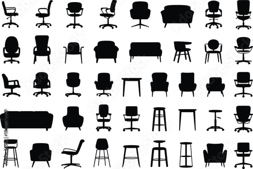 Chair silhouettes, seating furniture icons, office chair, lounge chair, bar stool, armchair, sofa, black vector, white background