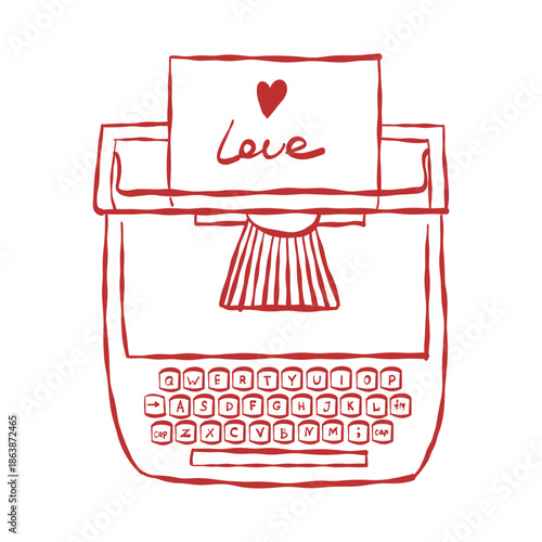 Vector linear illustration of an old typewriter. Vintage red outline clipart for Valentine's Day and weddings. The inscription Love