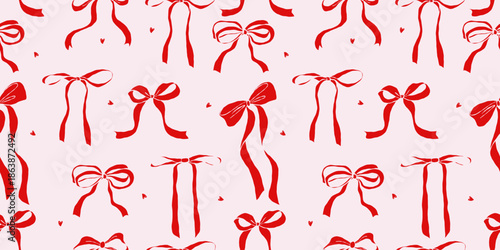 Seamless hand drawn bow pattern in coquette style on soft pink background. Different red ribbon ornament vintage feminine mood. Cute decorative vector for wrapping paper, textile prints, stationery